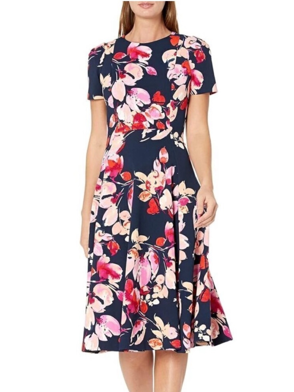 Calvin Klein Printed Scuba Crepe Short-Sleeve Midi Fit & Flare Dress 12 Navy